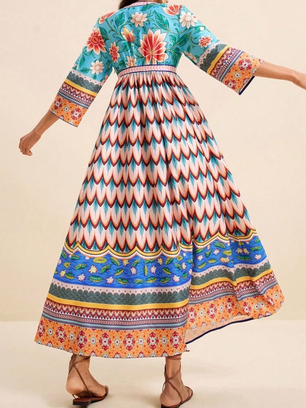 Multicolor Boho Women's Tropical Floral V-Neck Long Dress - Picture 2 of 8